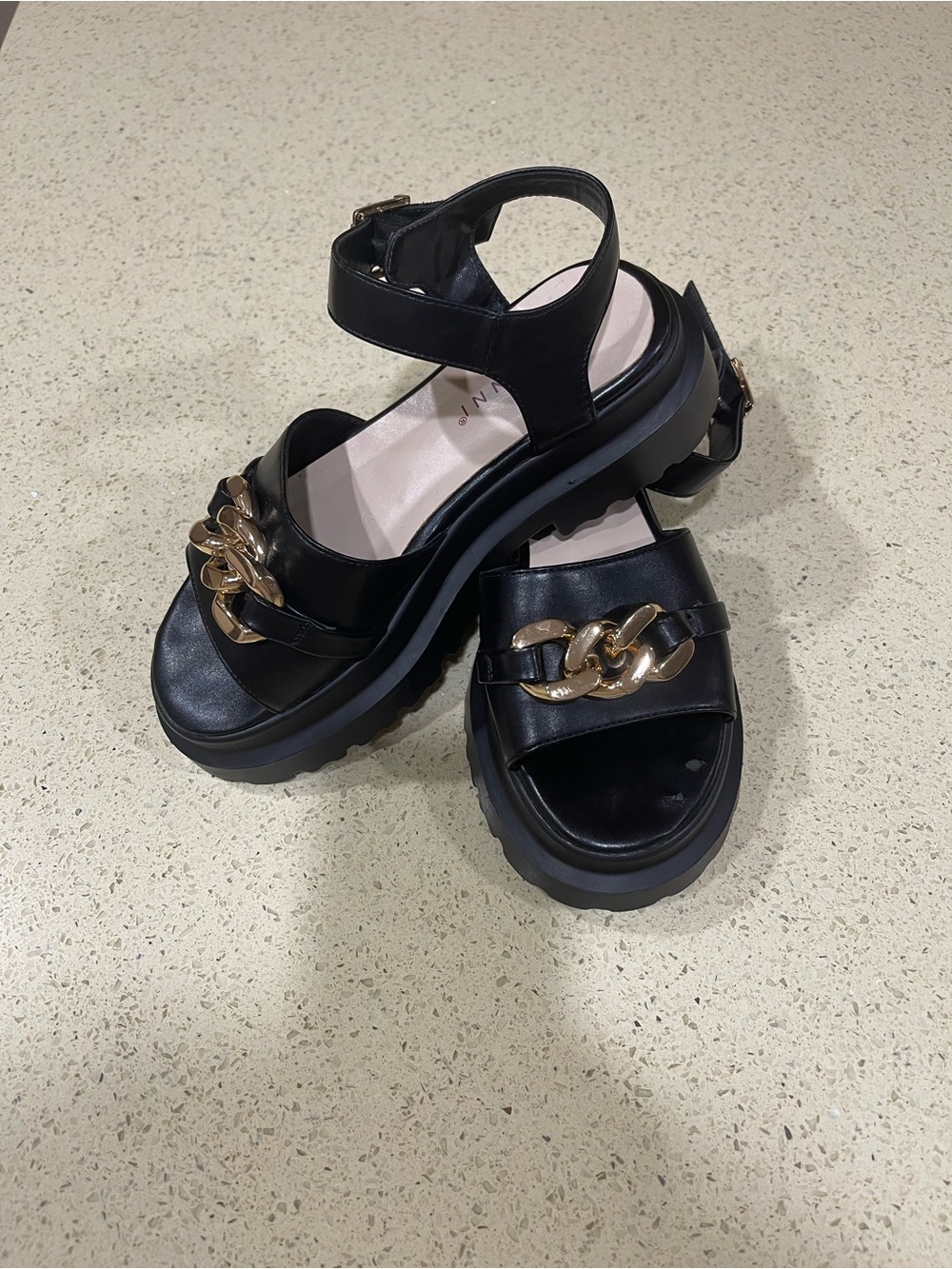 Chunky Black Platform Sandals with Gold Chain Detail